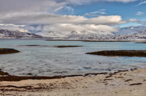 Beach at a snowy Fjord