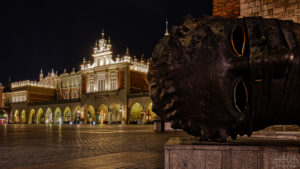 Krakow main square with arts at night