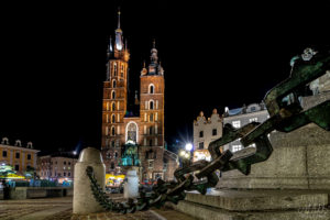 Main square in Krakow at night