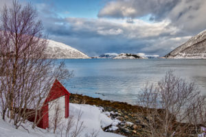 Red hut in Norwegian Fjord