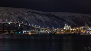 Tromso Bridge and Arctic Cathedral at night